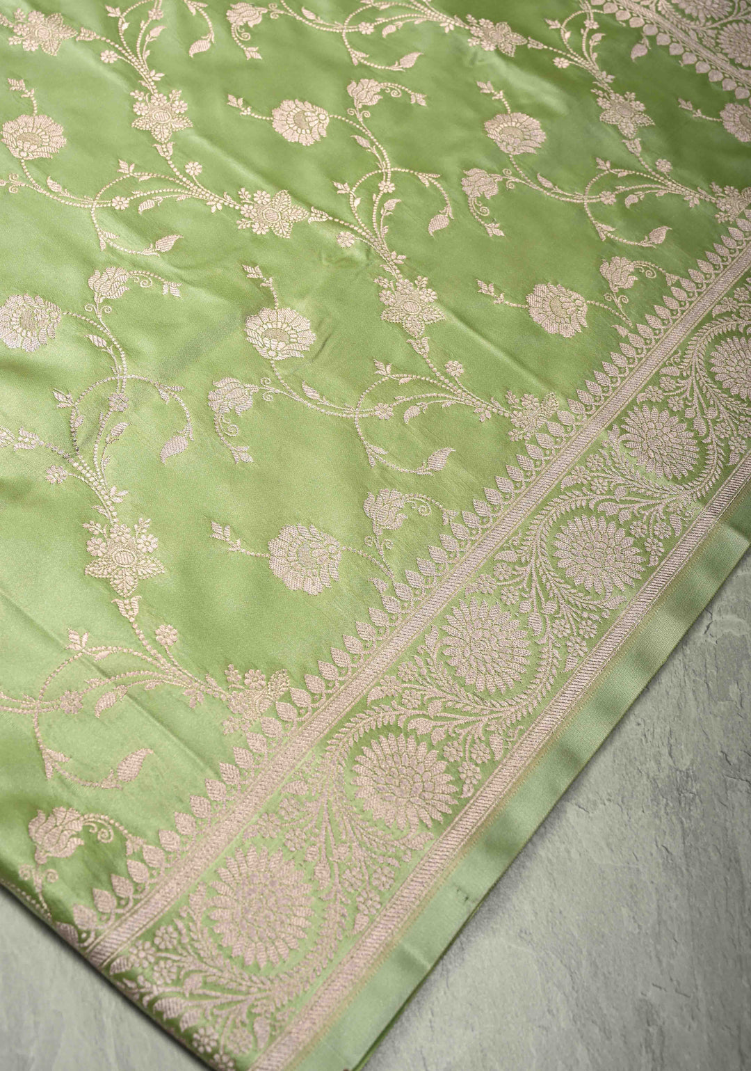 Light Pista Green Banarasi Semi Mashru Silk Saree with Floral Jaal and Zari Border