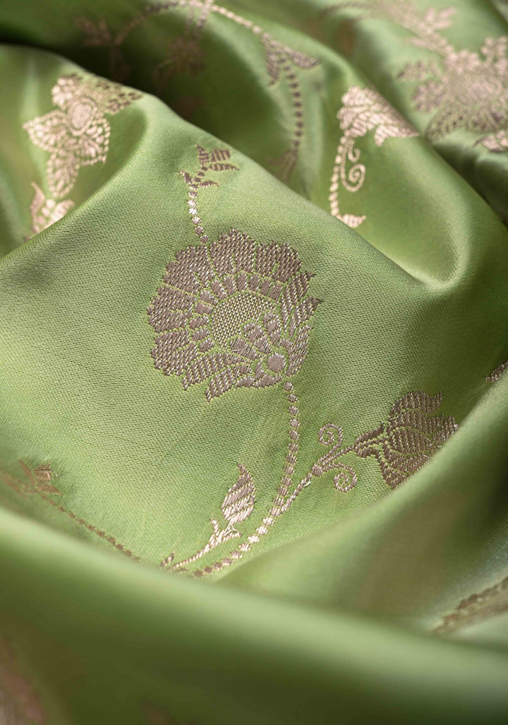 Light Pista Green Banarasi Semi Mashru Silk Saree with Floral Jaal and Zari Border