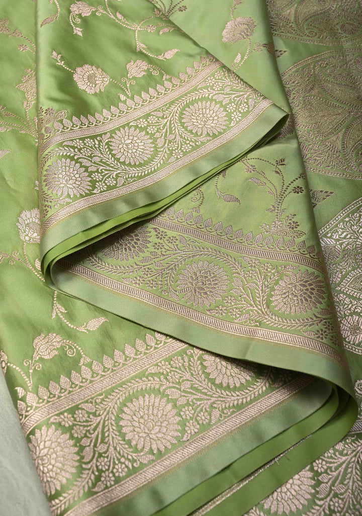 Light Pista Green Banarasi Semi Mashru Silk Saree with Floral Jaal and Zari Border