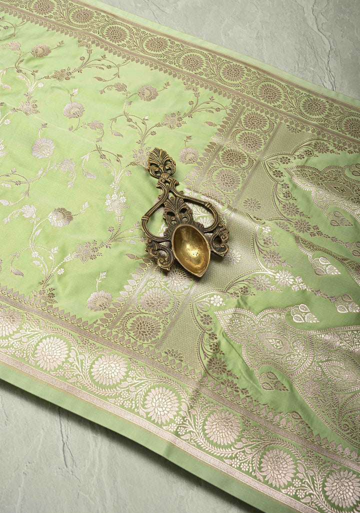 Light Pista Green Banarasi Semi Mashru Silk Saree with Floral Jaal and Zari Border
