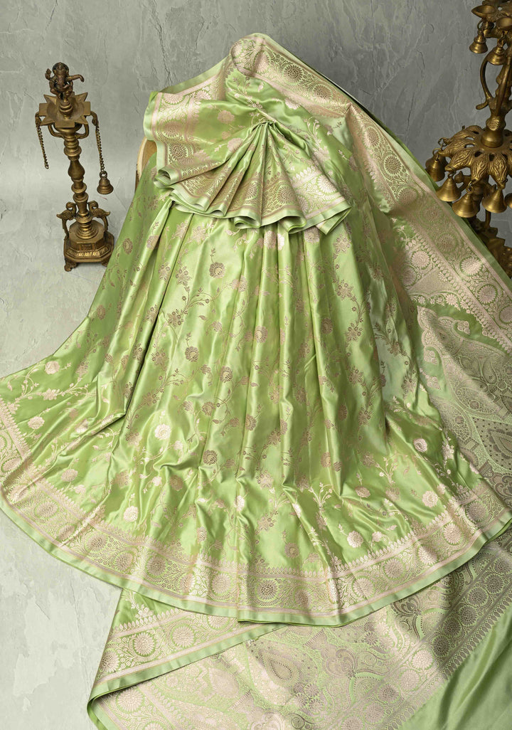 Light Pista Green Banarasi Semi Mashru Silk Saree with Floral Jaal and Zari Border