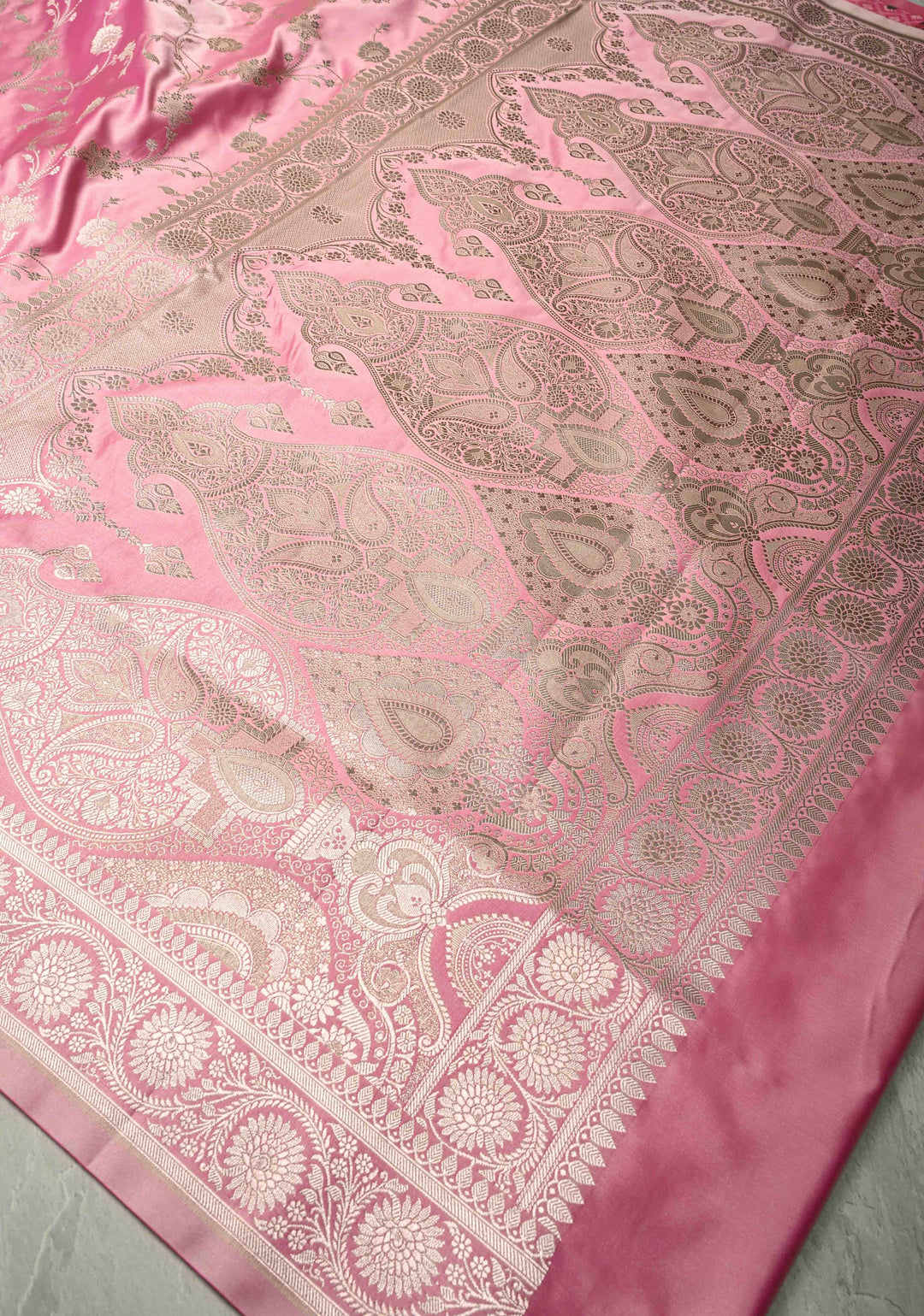 Dusty Rose Banarasi Semi Mashru Silk Saree with Floral Jaal and Zari Border