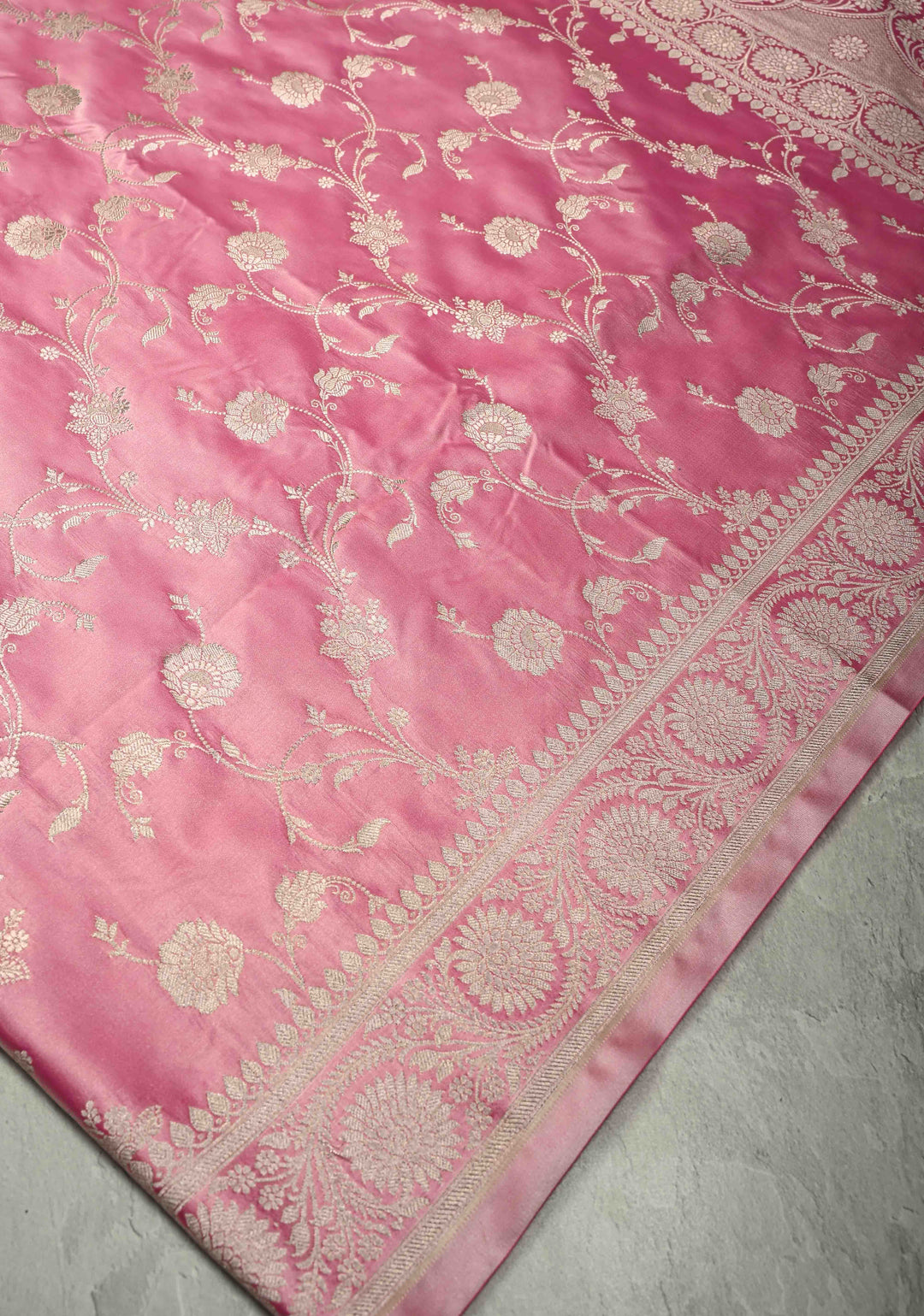 Dusty Rose Banarasi Semi Mashru Silk Saree with Floral Jaal and Zari Border