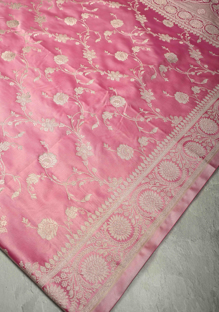 Dusty Rose Banarasi Semi Mashru Silk Saree with Floral Jaal and Zari Border