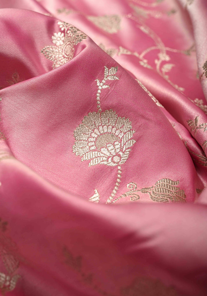 Dusty Rose Banarasi Semi Mashru Silk Saree with Floral Jaal and Zari Border