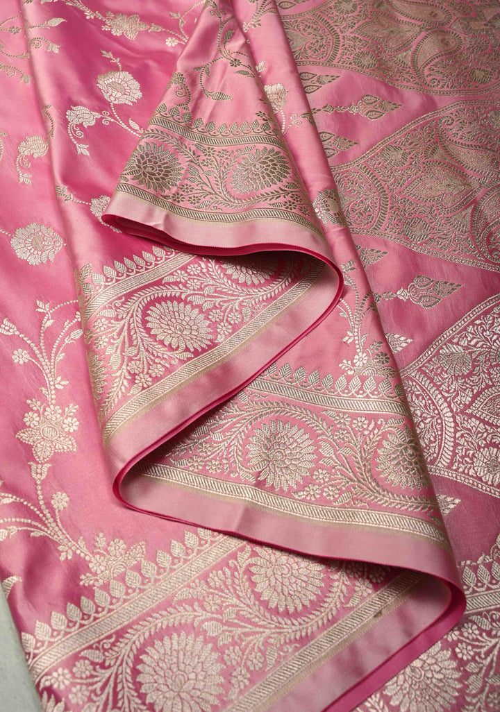 Dusty Rose Banarasi Semi Mashru Silk Saree with Floral Jaal and Zari Border