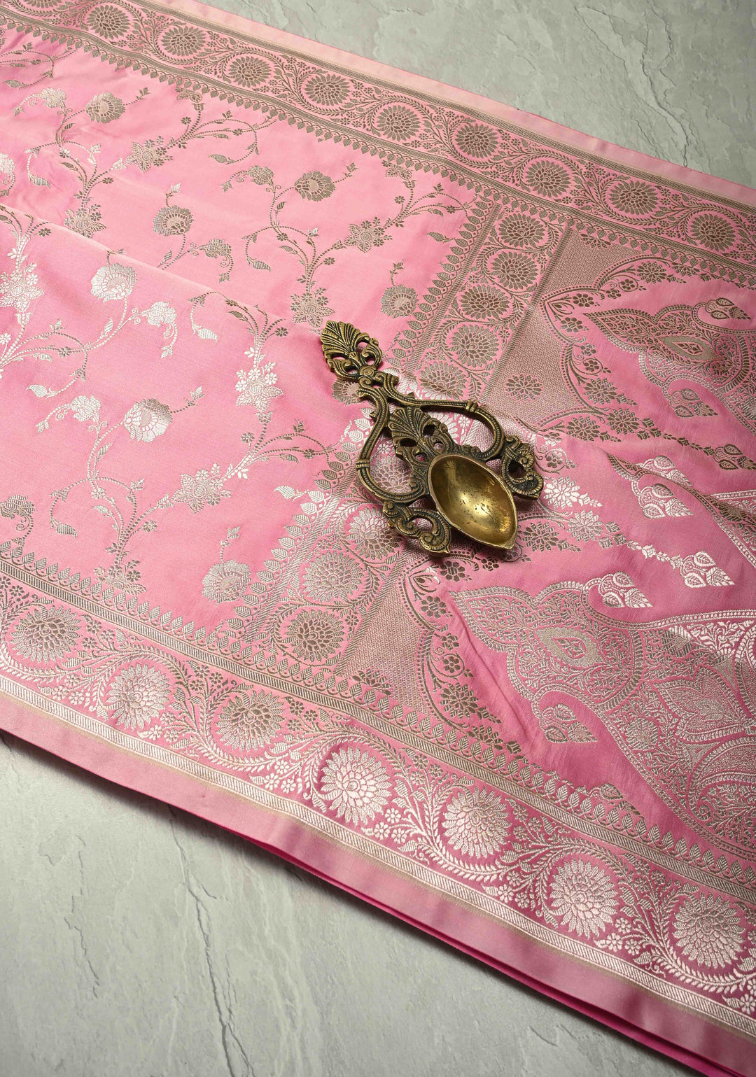 Dusty Rose Banarasi Semi Mashru Silk Saree with Floral Jaal and Zari Border