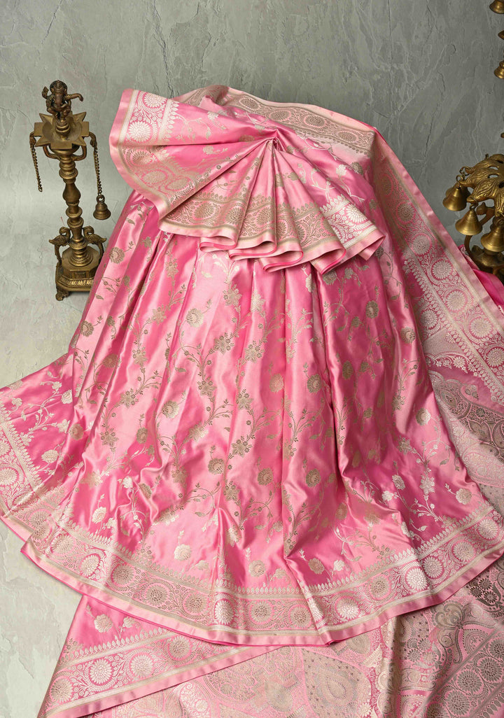 Dusty Rose Banarasi Semi Mashru Silk Saree with Floral Jaal and Zari Border