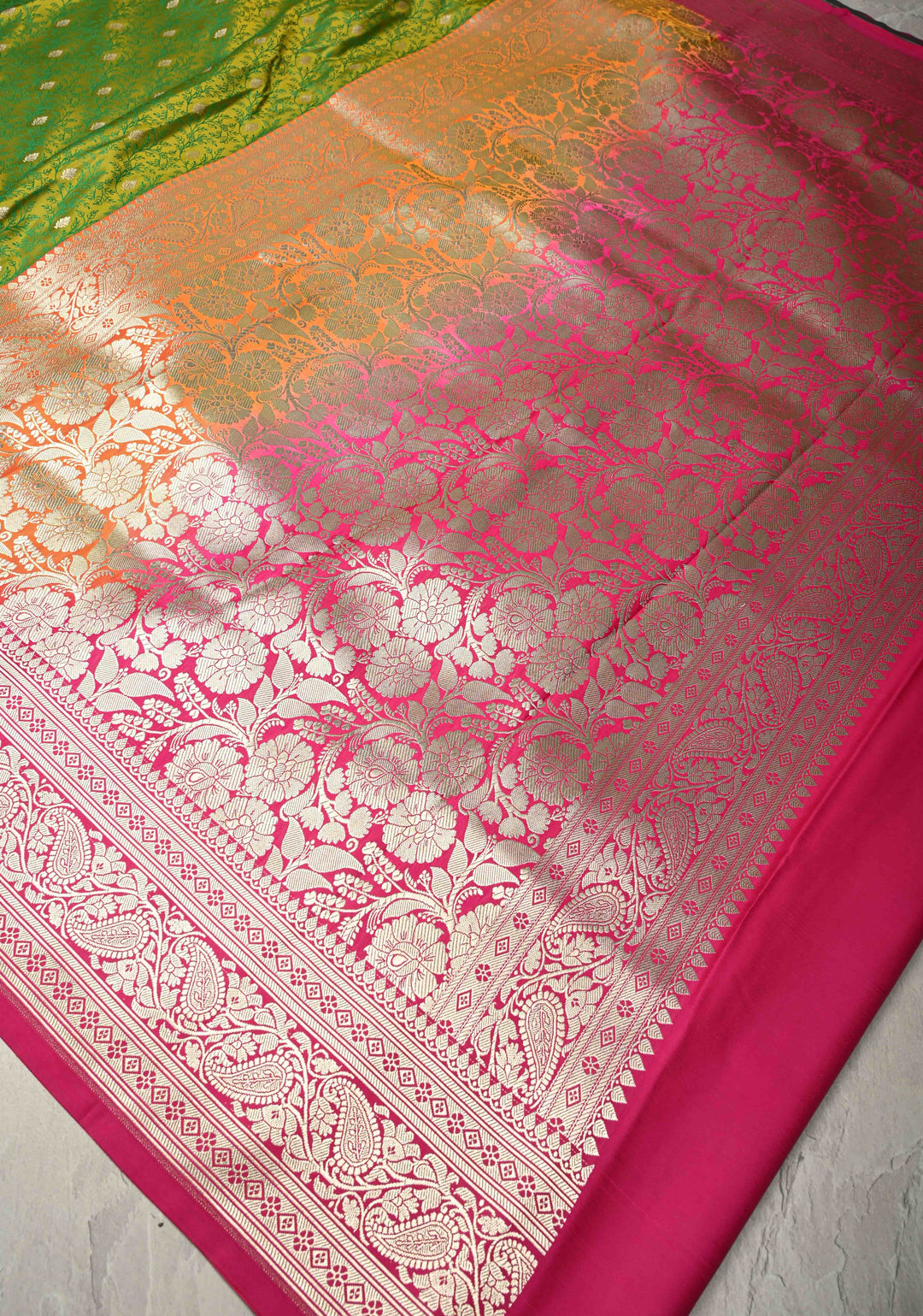 Lime Green Dual Tone Meenakari Jaal on Banarasi Semi Mashru Silk Saree with Floral jaal Silver Zari Buttas and Contrast Zari Border