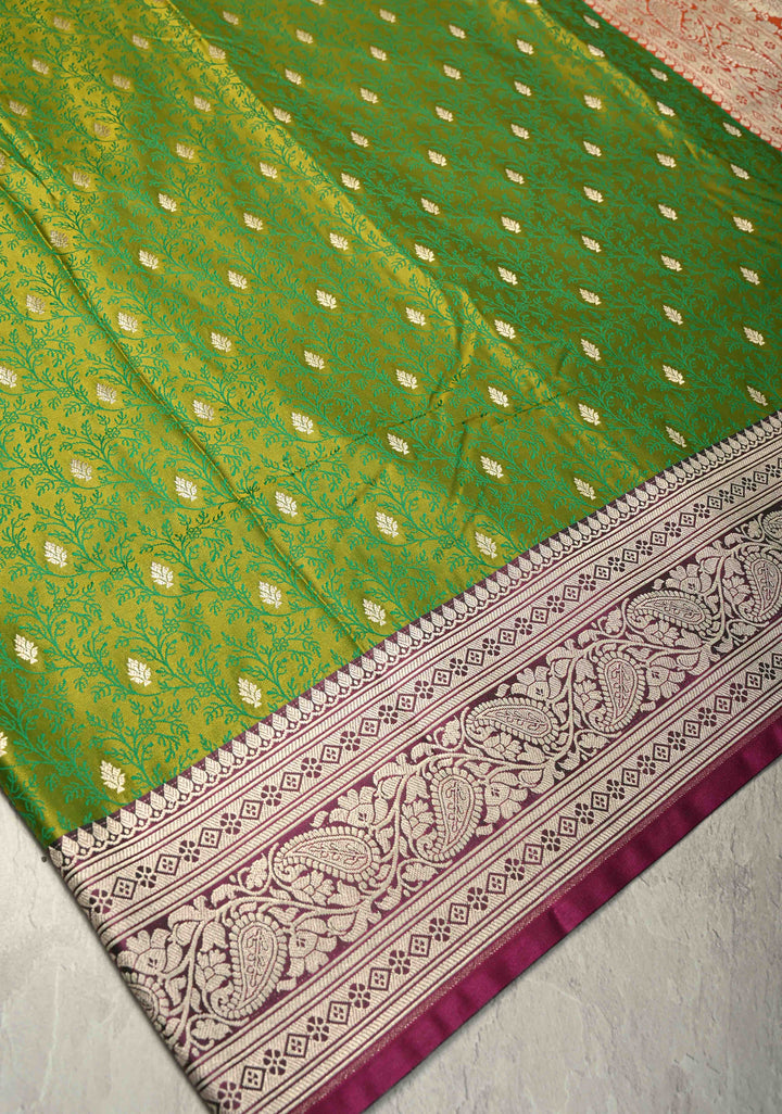 Lime Green Dual Tone Meenakari Jaal on Banarasi Semi Mashru Silk Saree with Floral jaal Silver Zari Buttas and Contrast Zari Border
