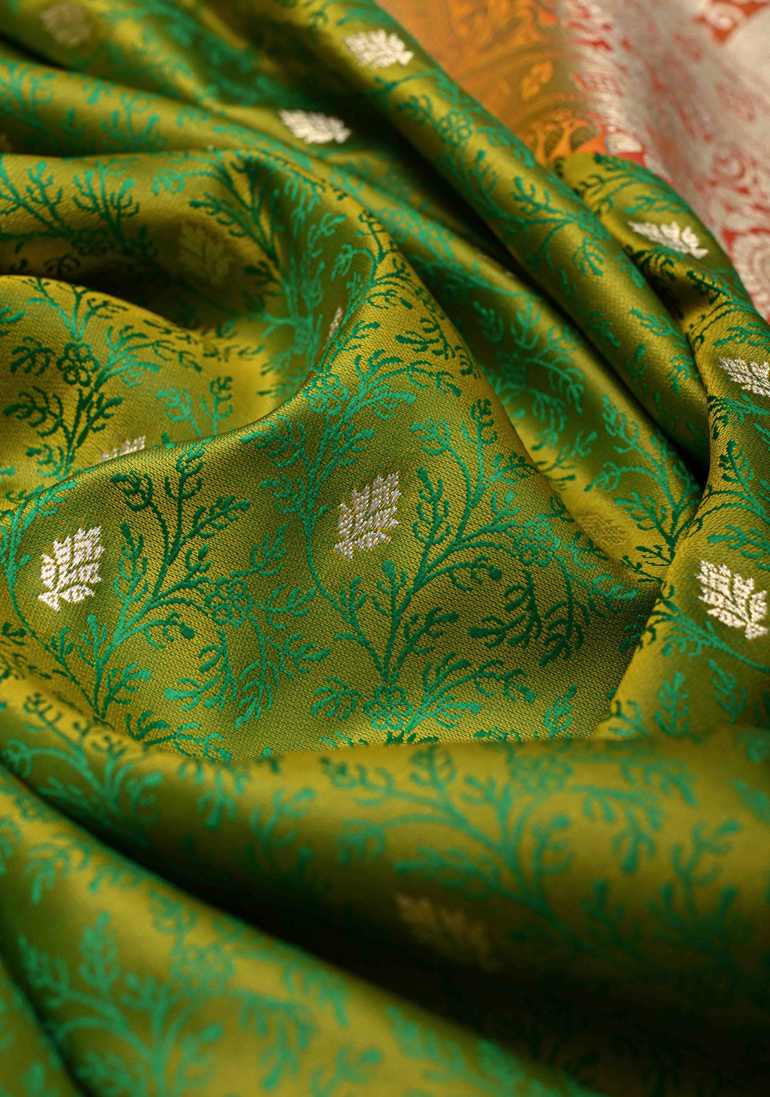 Lime Green Dual Tone Meenakari Jaal on Banarasi Semi Mashru Silk Saree with Floral jaal Silver Zari Buttas and Contrast Zari Border