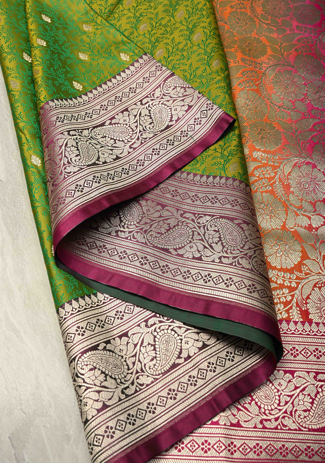 Lime Green Dual Tone Meenakari Jaal on Banarasi Semi Mashru Silk Saree with Floral jaal Silver Zari Buttas and Contrast Zari Border