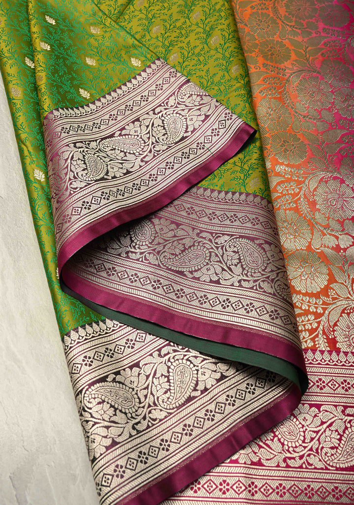 Lime Green Dual Tone Meenakari Jaal on Banarasi Semi Mashru Silk Saree with Floral jaal Silver Zari Buttas and Contrast Zari Border