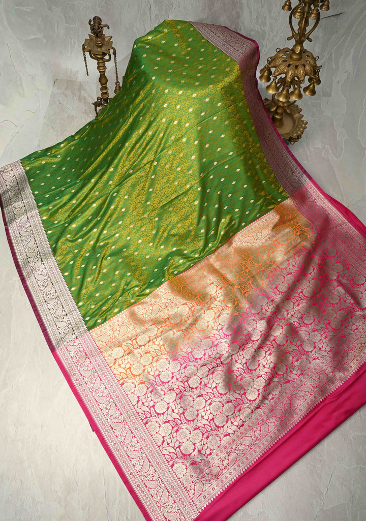 Lime Green Dual Tone Meenakari Jaal on Banarasi Semi Mashru Silk Saree with Floral jaal Silver Zari Buttas and Contrast Zari Border