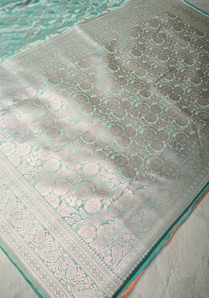 Pale Teal Banarasi Semi Mashru Silk Saree with Meenakari Floral Jaal and Zari Border
