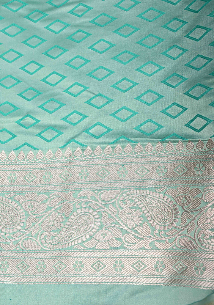 Pale Teal Banarasi Semi Mashru Silk Saree with Meenakari Floral Jaal and Zari Border