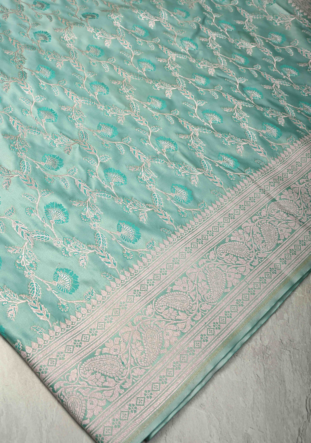 Pale Teal Banarasi Semi Mashru Silk Saree with Meenakari Floral Jaal and Zari Border