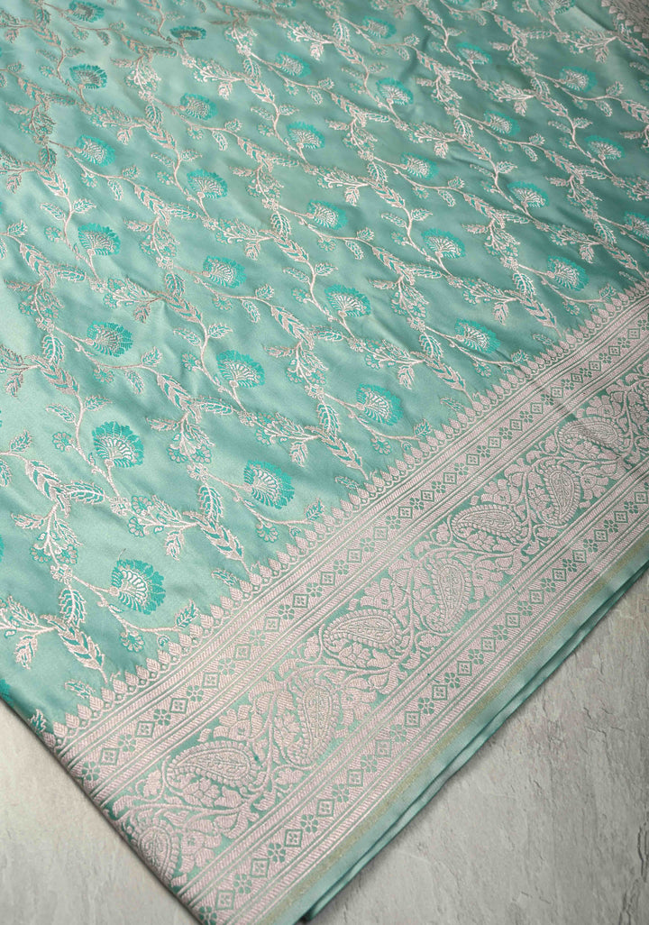 Pale Teal Banarasi Semi Mashru Silk Saree with Meenakari Floral Jaal and Zari Border