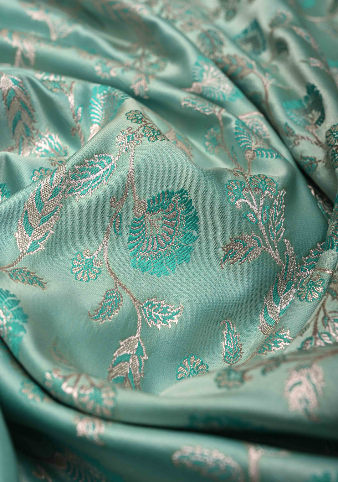 Pale Teal Banarasi Semi Mashru Silk Saree with Meenakari Floral Jaal and Zari Border