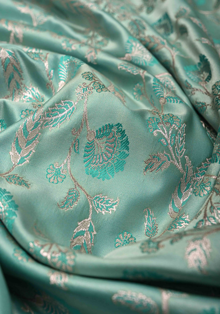 Pale Teal Banarasi Semi Mashru Silk Saree with Meenakari Floral Jaal and Zari Border