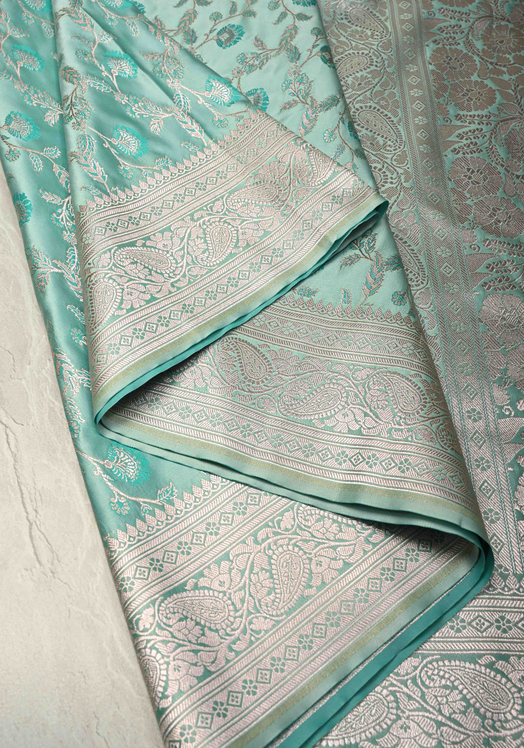 Pale Teal Banarasi Semi Mashru Silk Saree with Meenakari Floral Jaal and Zari Border
