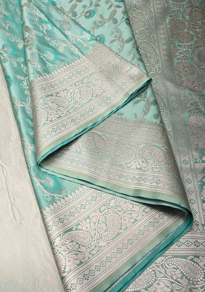 Pale Teal Banarasi Semi Mashru Silk Saree with Meenakari Floral Jaal and Zari Border