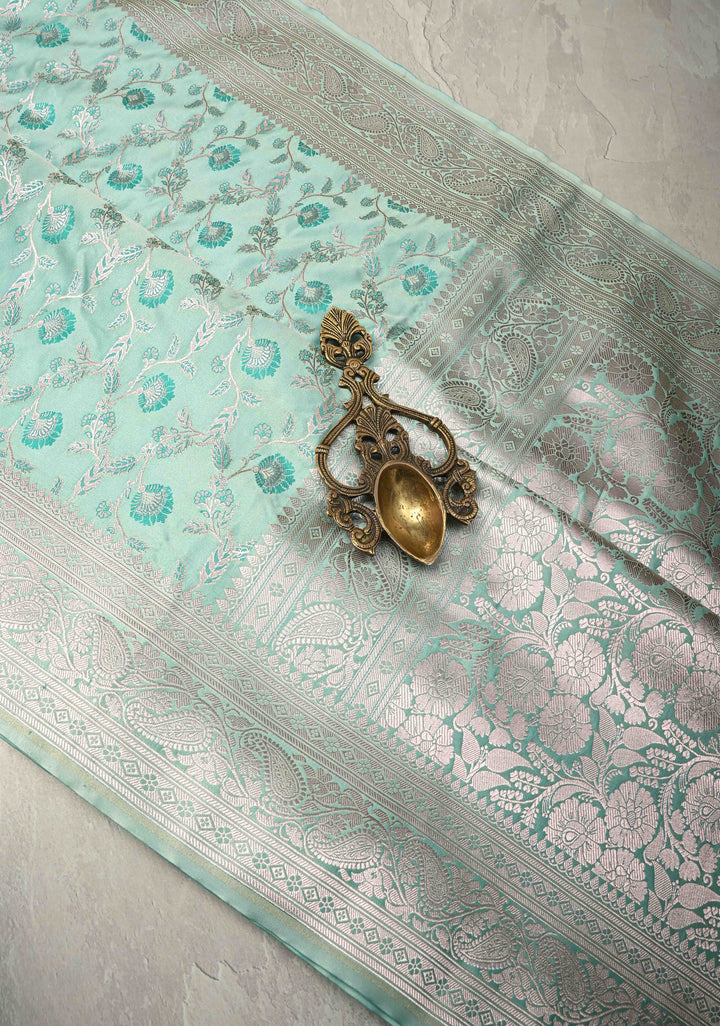 Pale Teal Banarasi Semi Mashru Silk Saree with Meenakari Floral Jaal and Zari Border