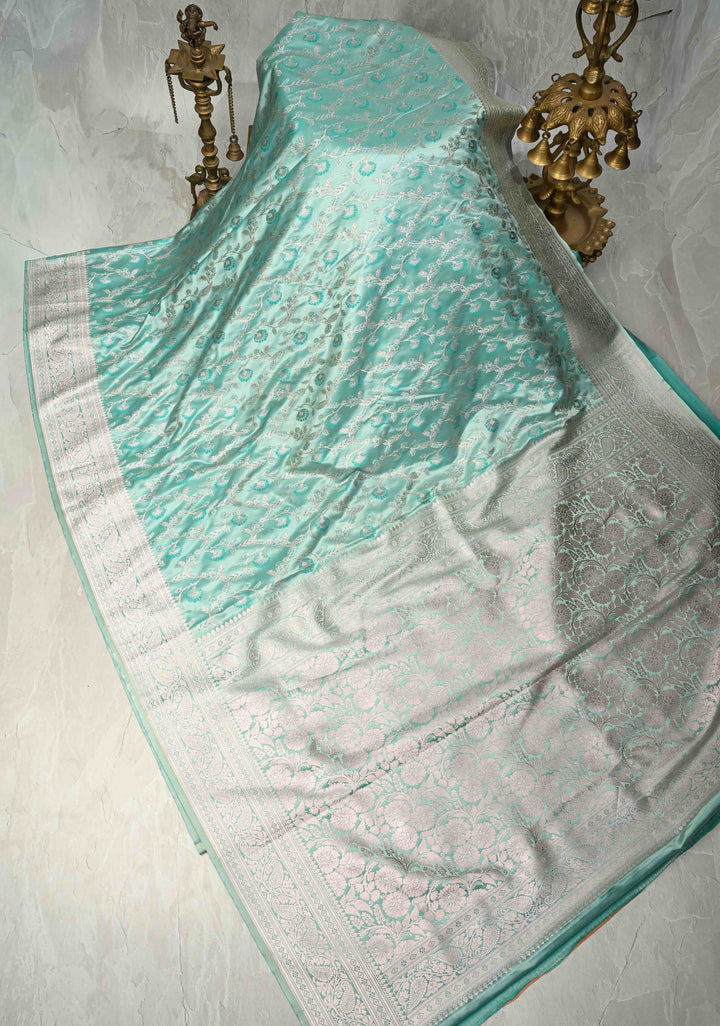 Pale Teal Banarasi Semi Mashru Silk Saree with Meenakari Floral Jaal and Zari Border