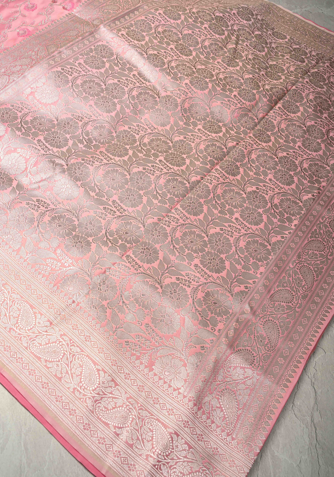 Dusty Rose Banarasi Semi Mashru Silk Saree with Meenakari Silver Zari Floral Jaal and Zari Border