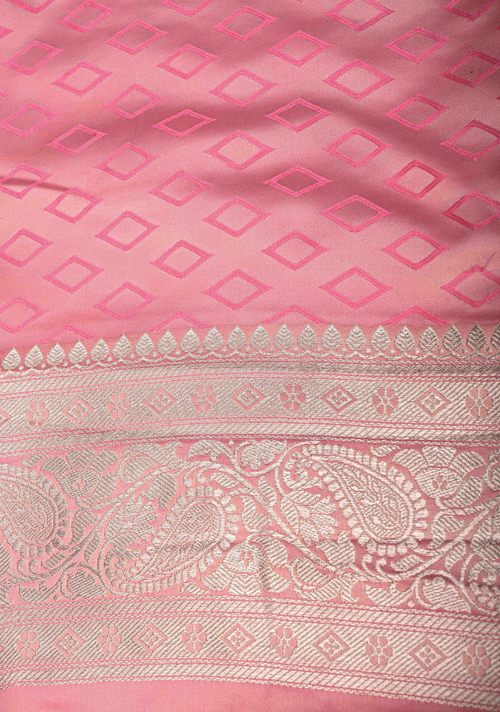 Dusty Rose Banarasi Semi Mashru Silk Saree with Meenakari Silver Zari Floral Jaal and Zari Border