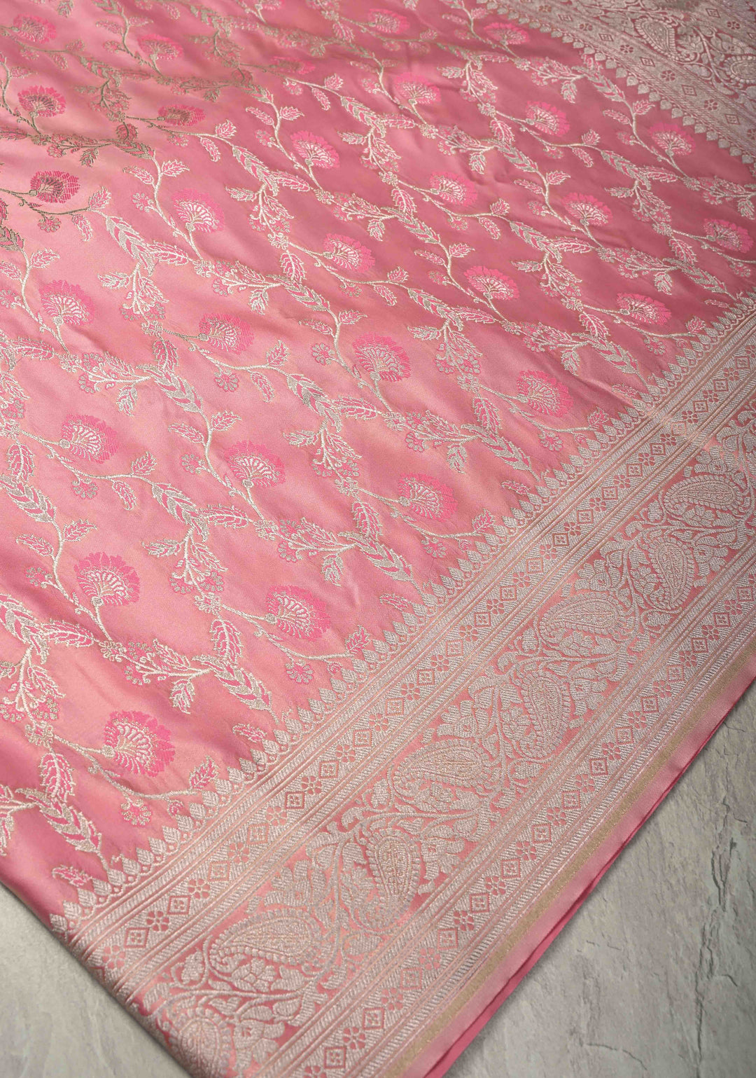 Dusty Rose Banarasi Semi Mashru Silk Saree with Meenakari Silver Zari Floral Jaal and Zari Border