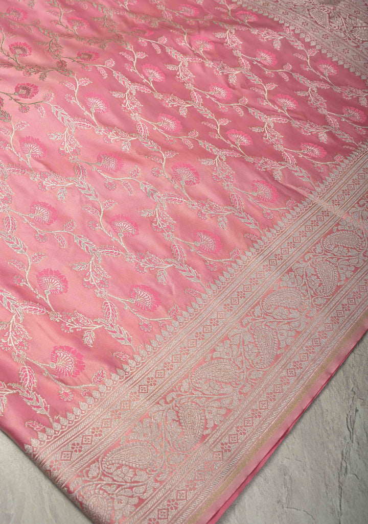 Dusty Rose Banarasi Semi Mashru Silk Saree with Meenakari Silver Zari Floral Jaal and Zari Border