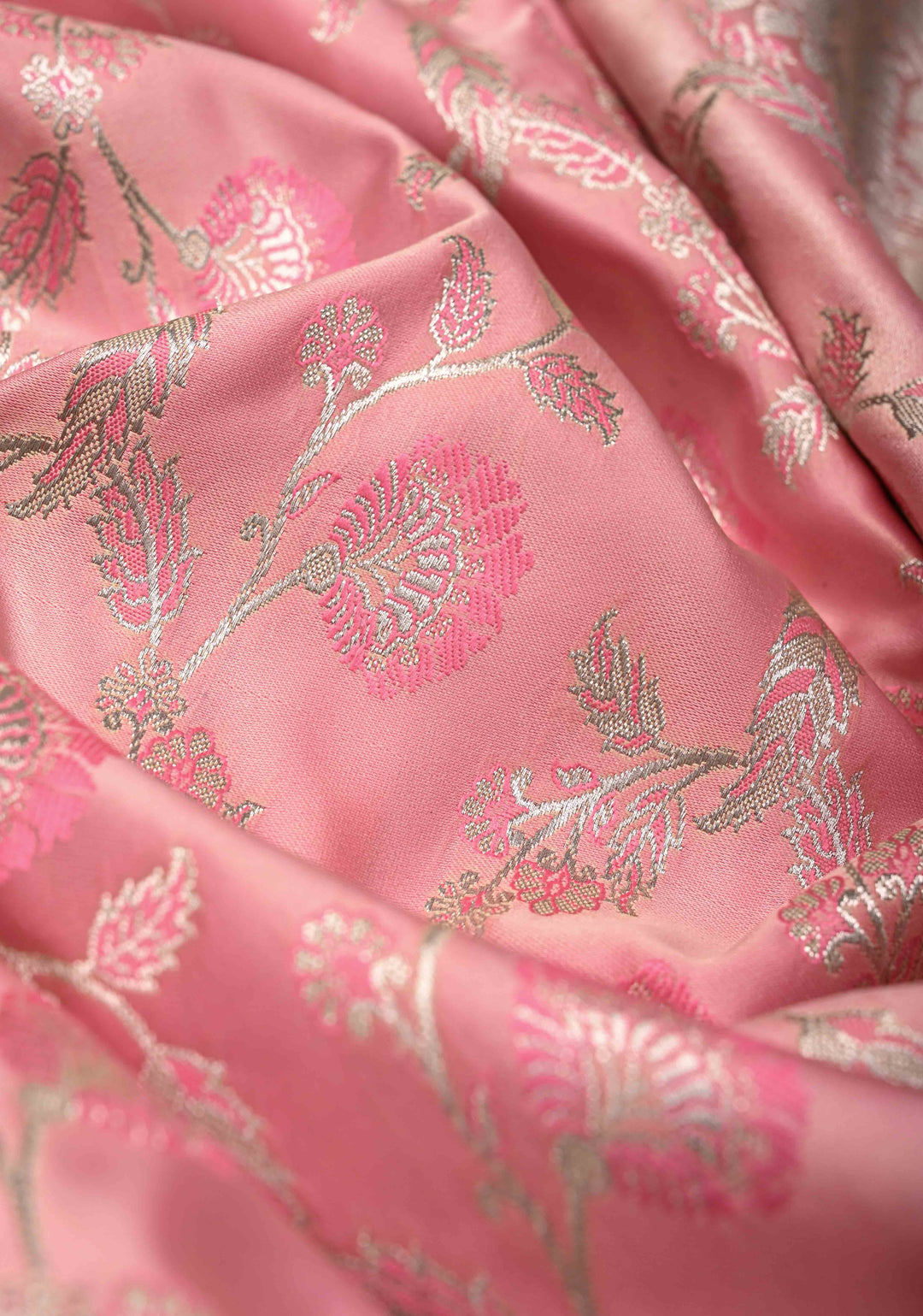 Dusty Rose Banarasi Semi Mashru Silk Saree with Meenakari Silver Zari Floral Jaal and Zari Border