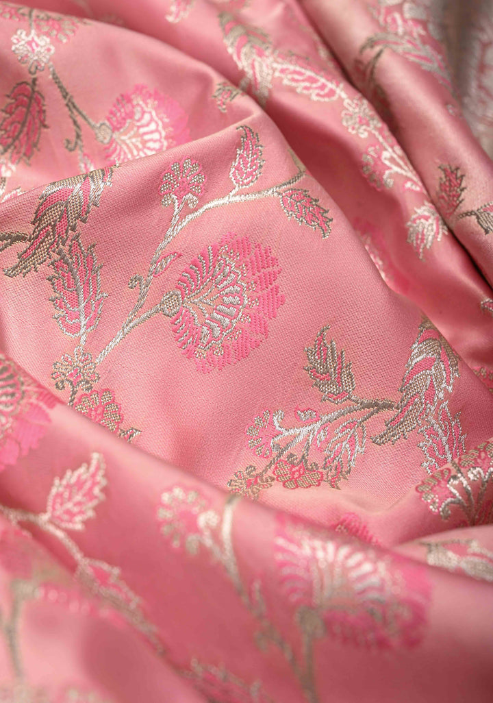 Dusty Rose Banarasi Semi Mashru Silk Saree with Meenakari Silver Zari Floral Jaal and Zari Border