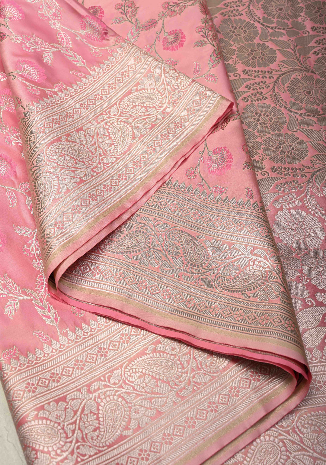 Dusty Rose Banarasi Semi Mashru Silk Saree with Meenakari Silver Zari Floral Jaal and Zari Border