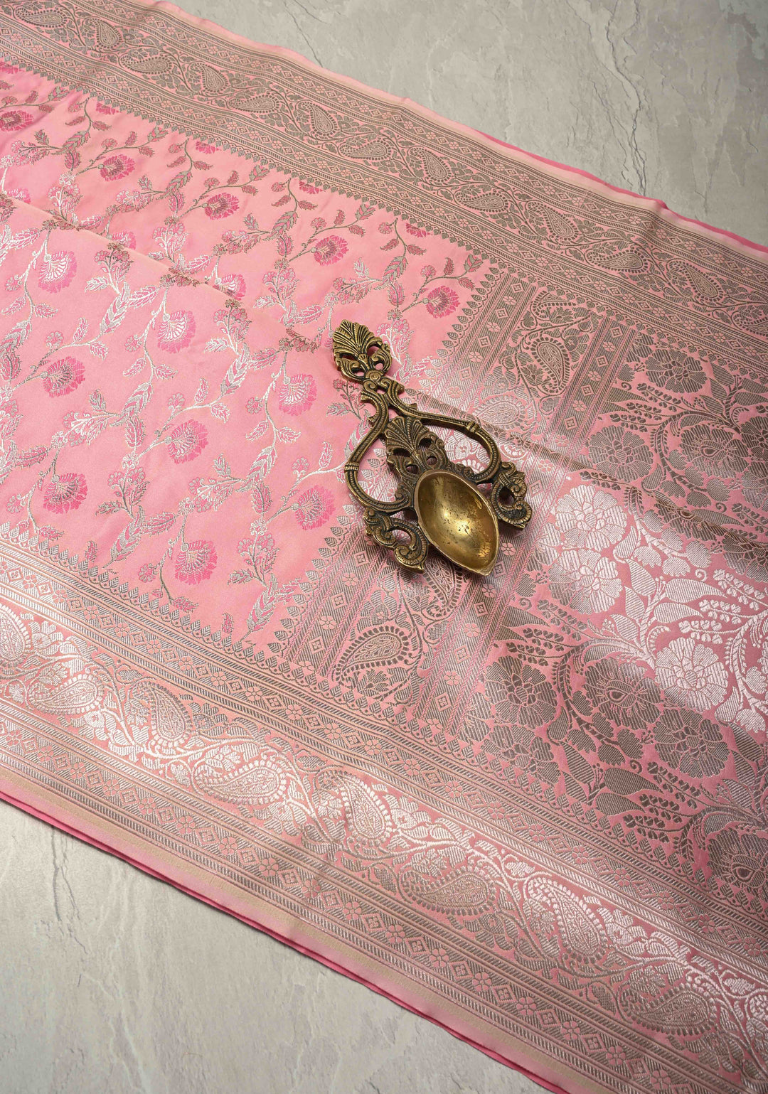 Dusty Rose Banarasi Semi Mashru Silk Saree with Meenakari Silver Zari Floral Jaal and Zari Border
