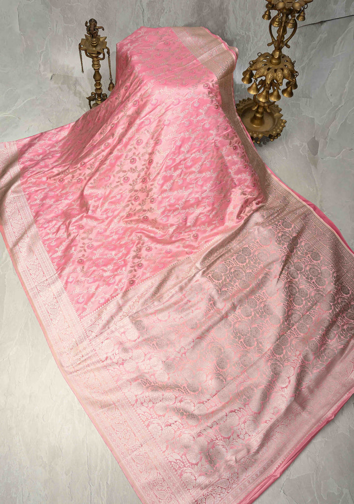 Dusty Rose Banarasi Semi Mashru Silk Saree with Meenakari Silver Zari Floral Jaal and Zari Border