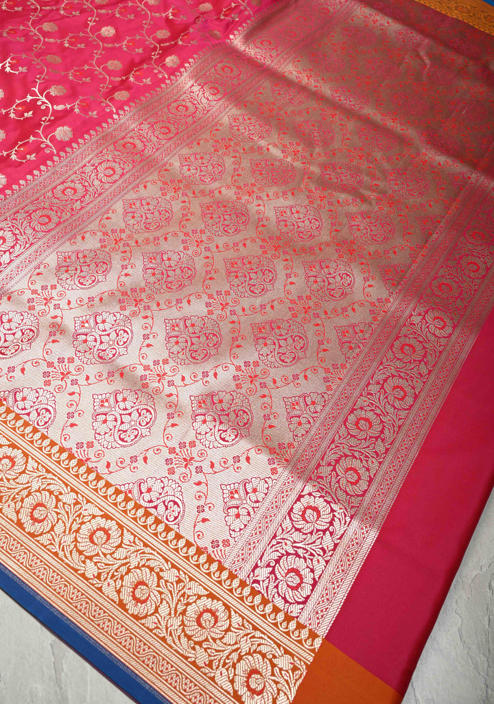 Hot Pink Banarasi Semi Mashru Silk Saree with Floral Jaal and Zari Border