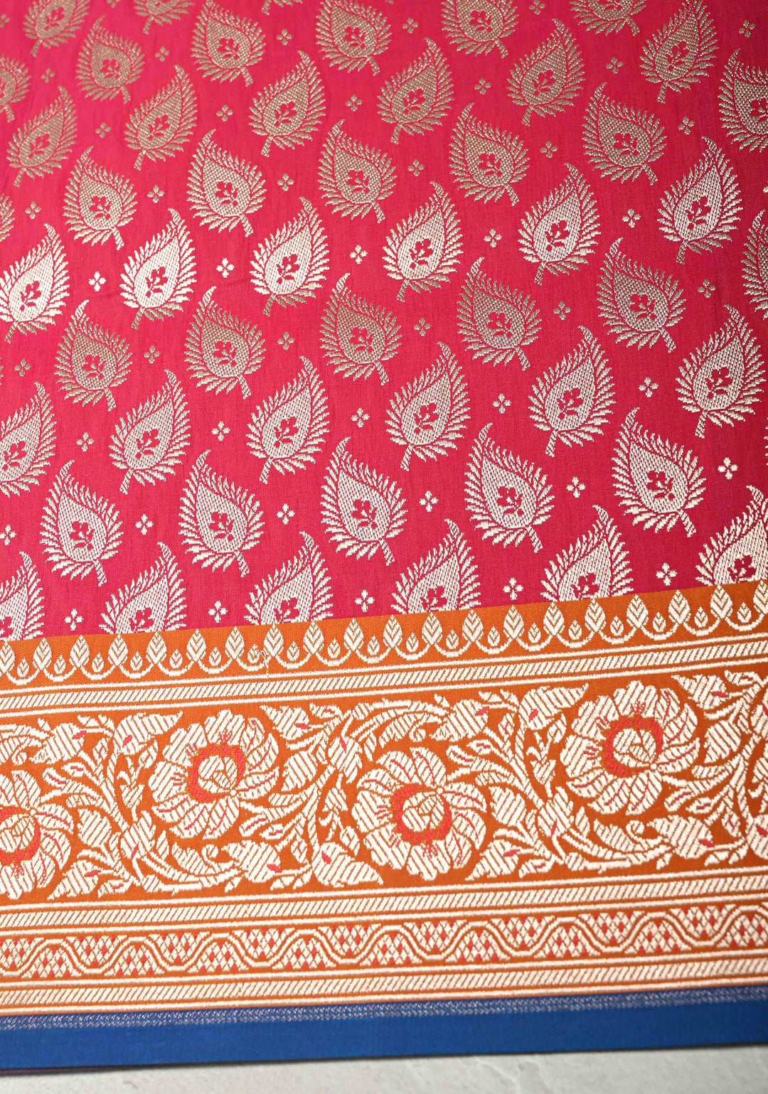 Hot Pink Banarasi Semi Mashru Silk Saree with Floral Jaal and Zari Border