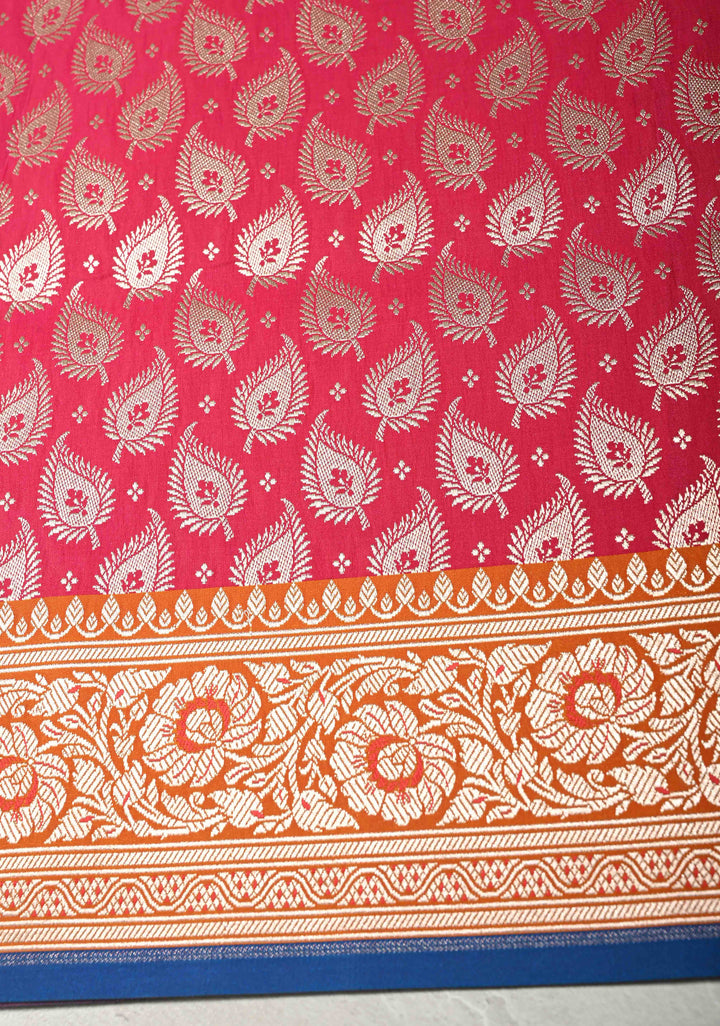 Hot Pink Banarasi Semi Mashru Silk Saree with Floral Jaal and Zari Border