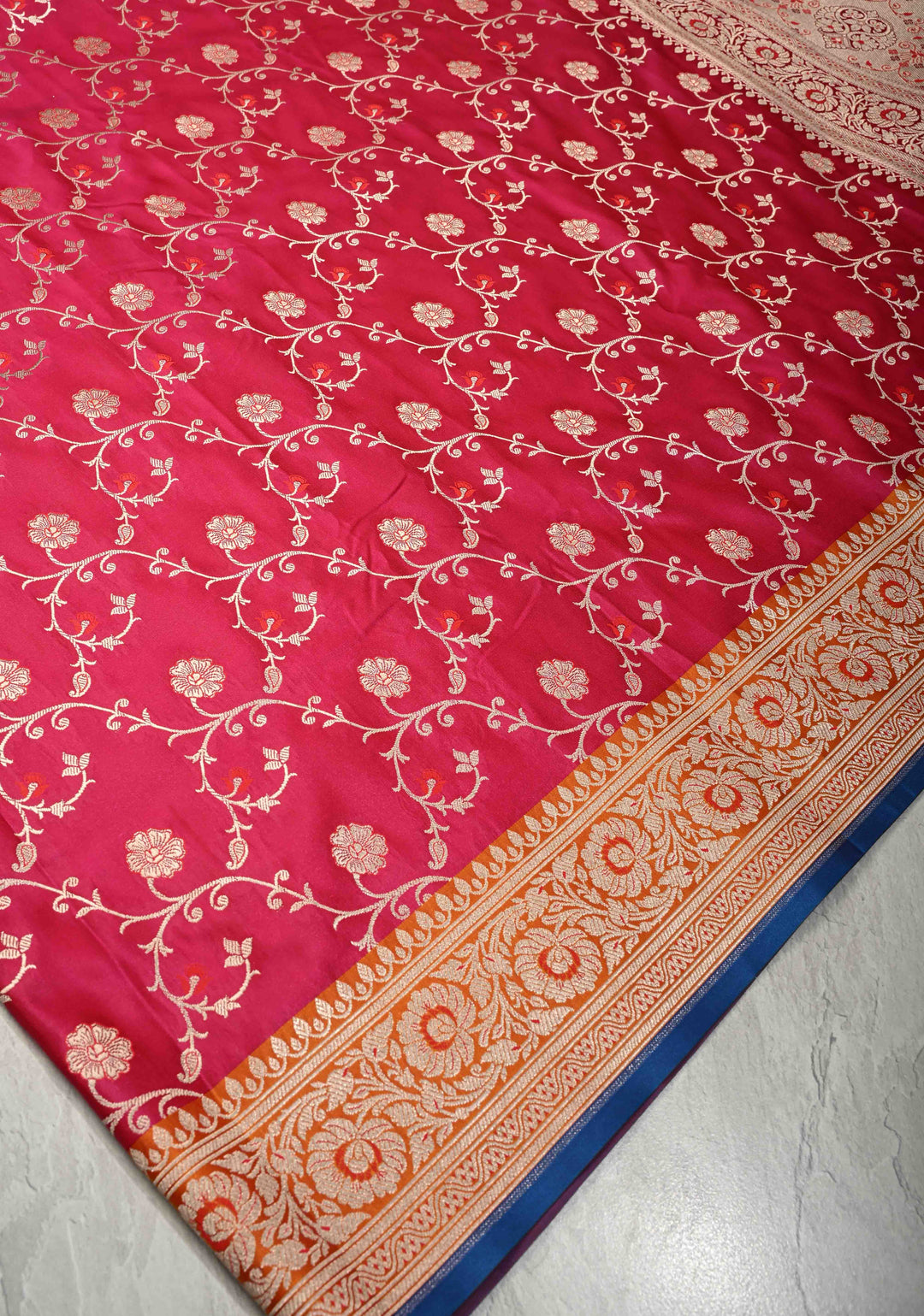 Hot Pink Banarasi Semi Mashru Silk Saree with Floral Jaal and Zari Border