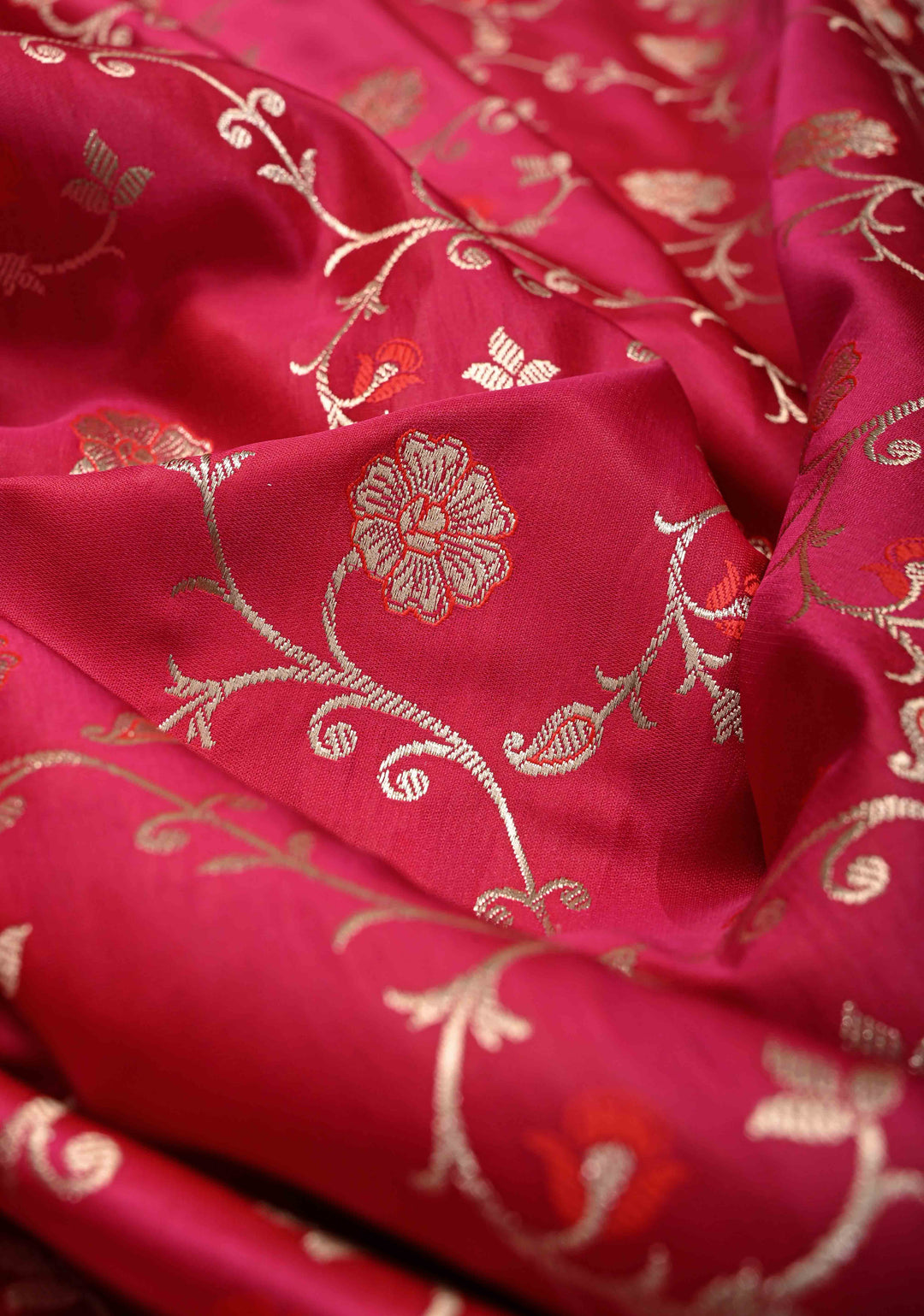 Hot Pink Banarasi Semi Mashru Silk Saree with Floral Jaal and Zari Border