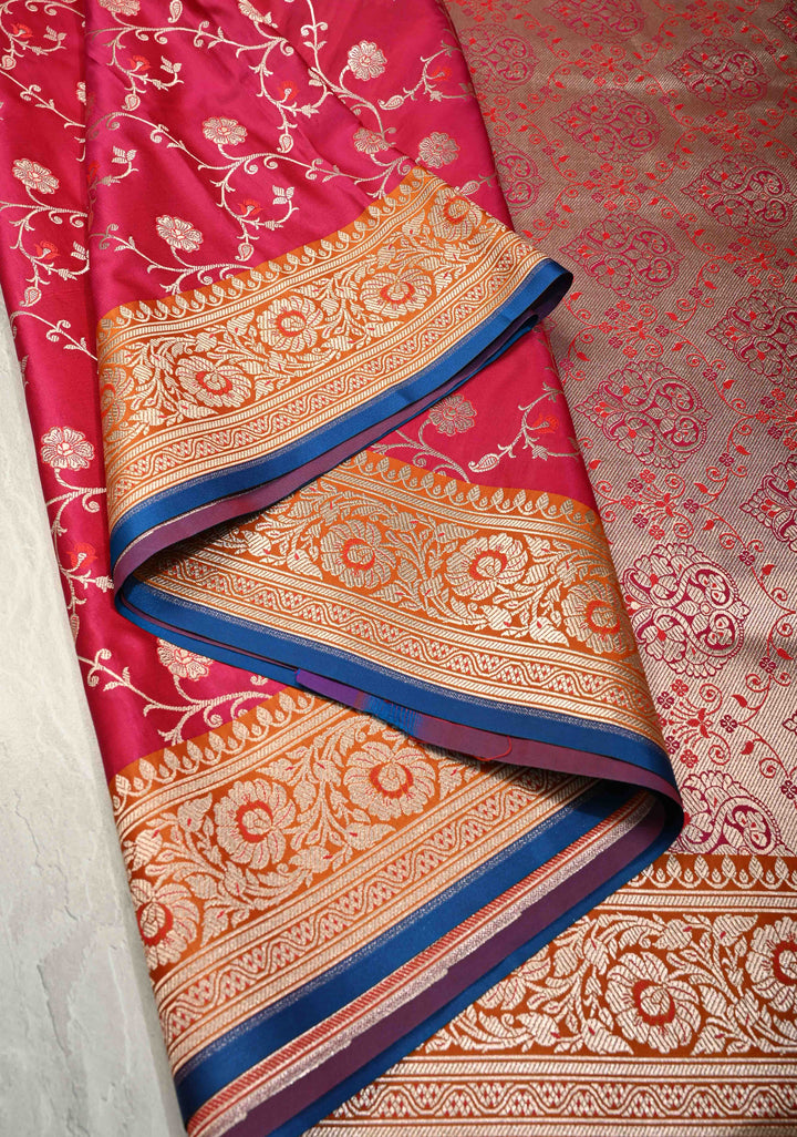 Hot Pink Banarasi Semi Mashru Silk Saree with Floral Jaal and Zari Border