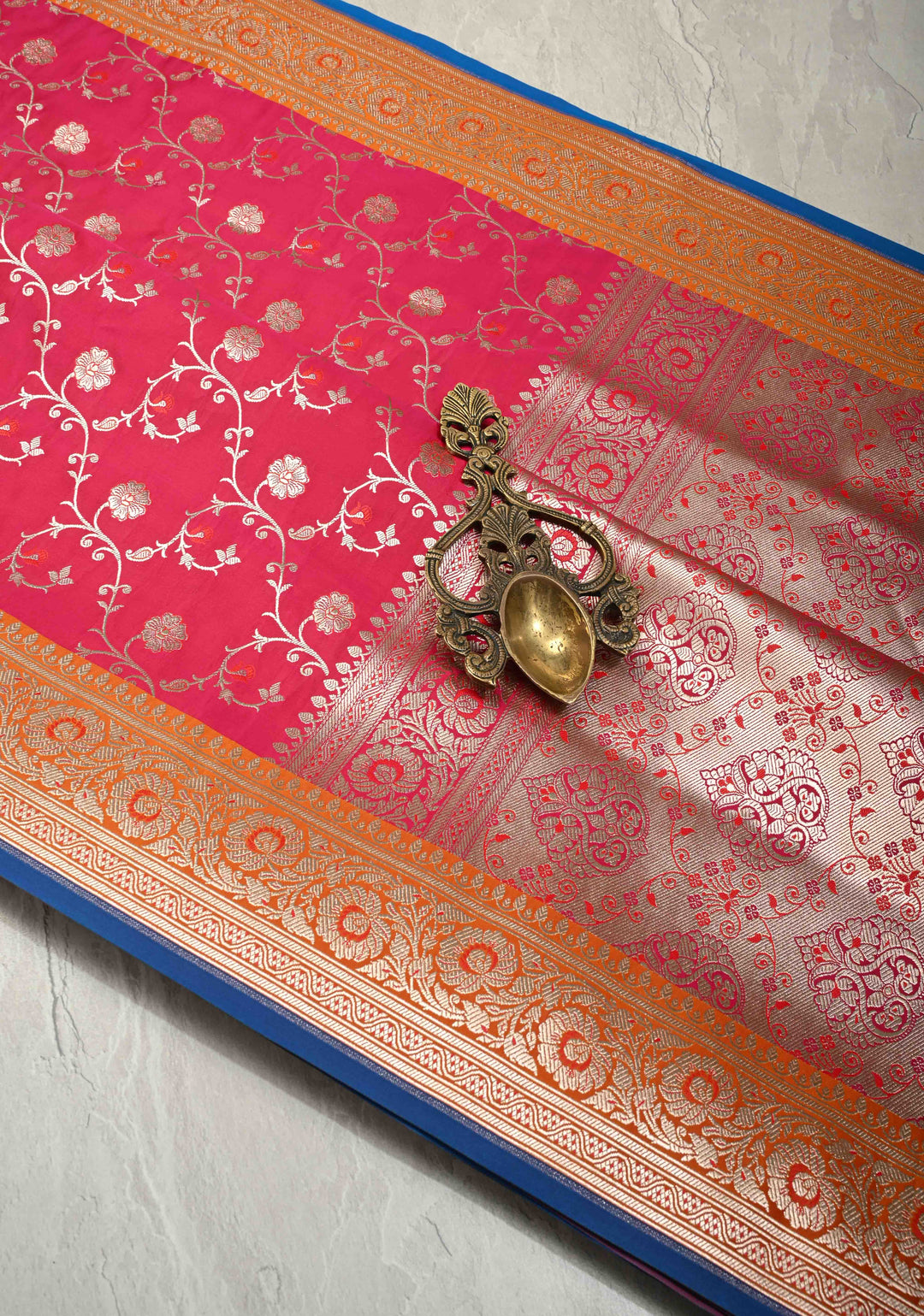 Hot Pink Banarasi Semi Mashru Silk Saree with Floral Jaal and Zari Border