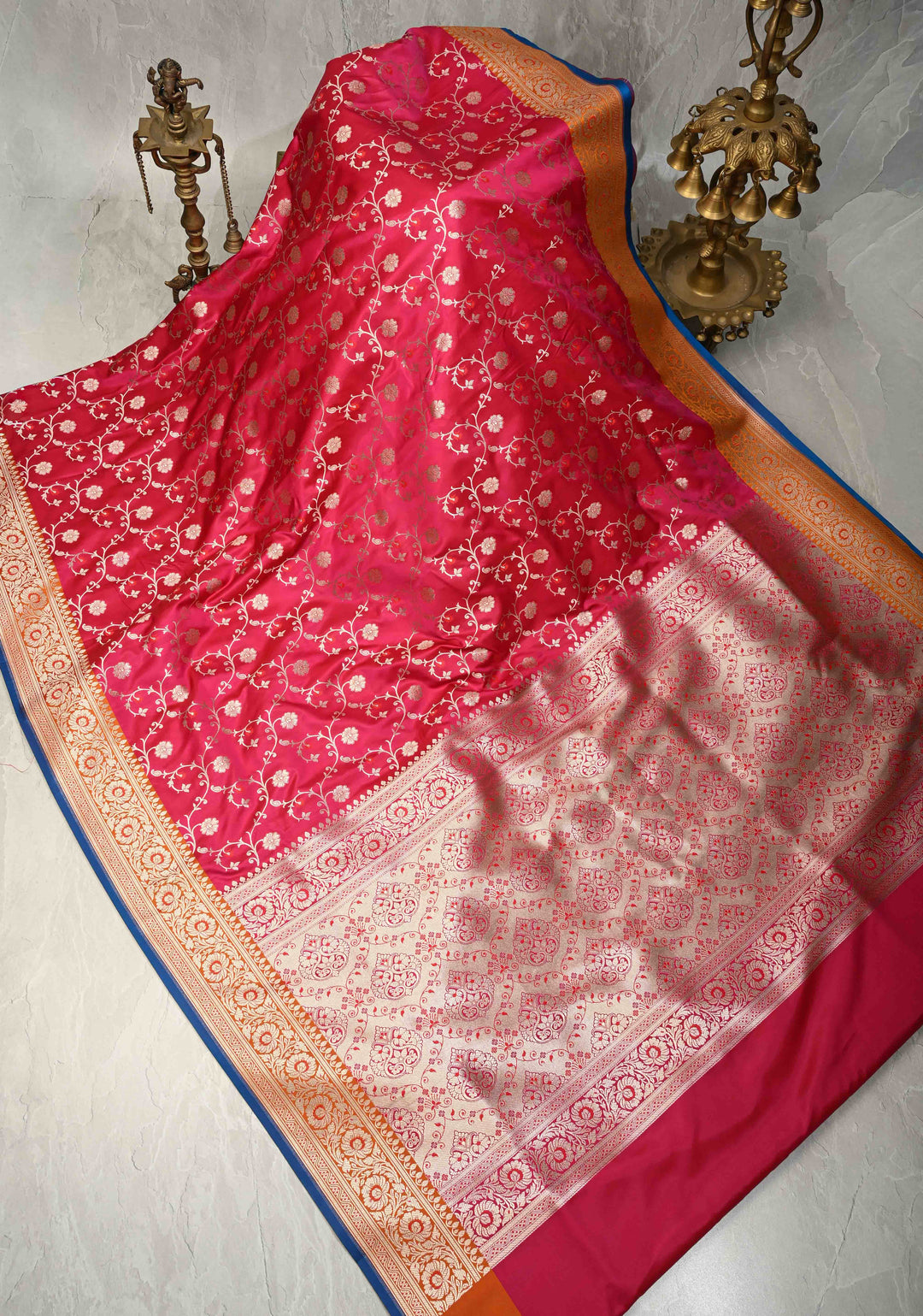 Hot Pink Banarasi Semi Mashru Silk Saree with Floral Jaal and Zari Border