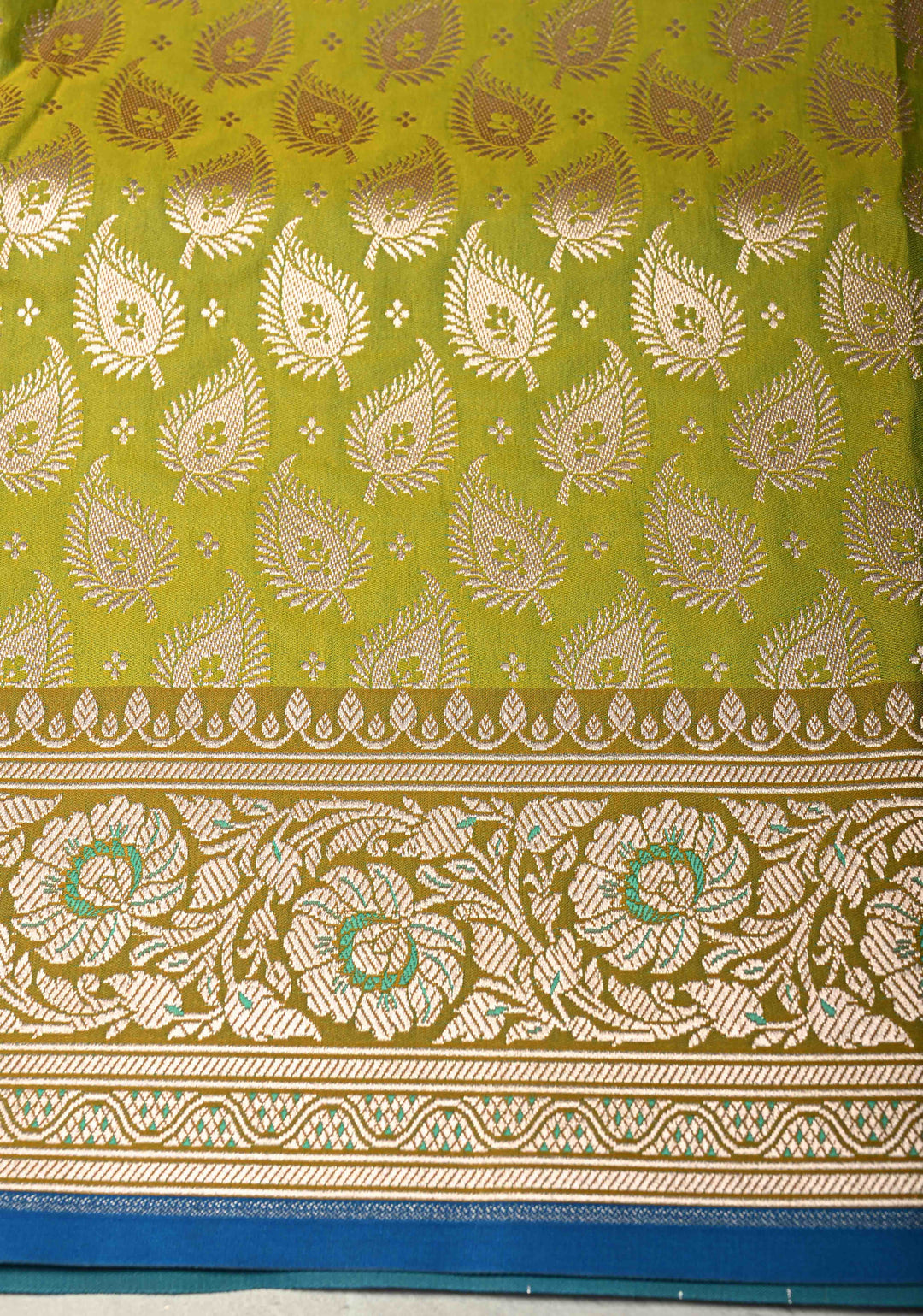 Mehendi Green Dual Tone Meenakari on Banarasi Semi Mashru Silk Saree with Silver Zari Floral Jaal and Contrast Zari Border