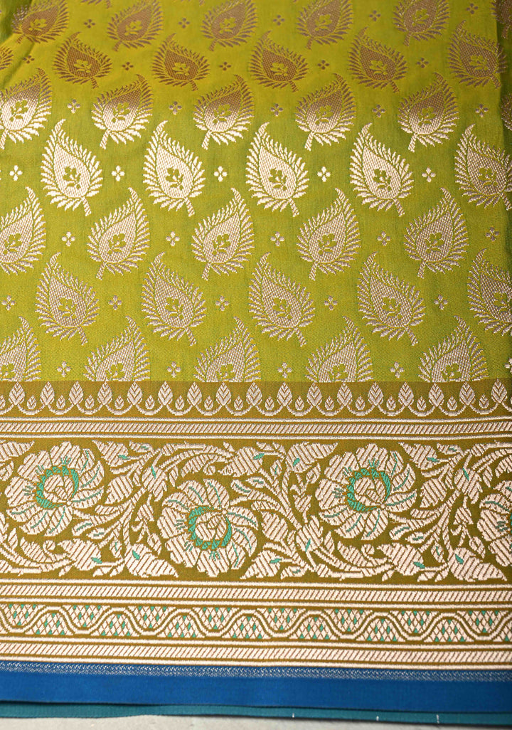 Mehendi Green Dual Tone Meenakari on Banarasi Semi Mashru Silk Saree with Silver Zari Floral Jaal and Contrast Zari Border