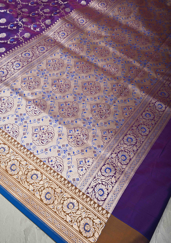 Purple Semi Mashru Silk Saree with Silver Floral Jaal and Meenakari Accents and Zari Border | SHOBITAM