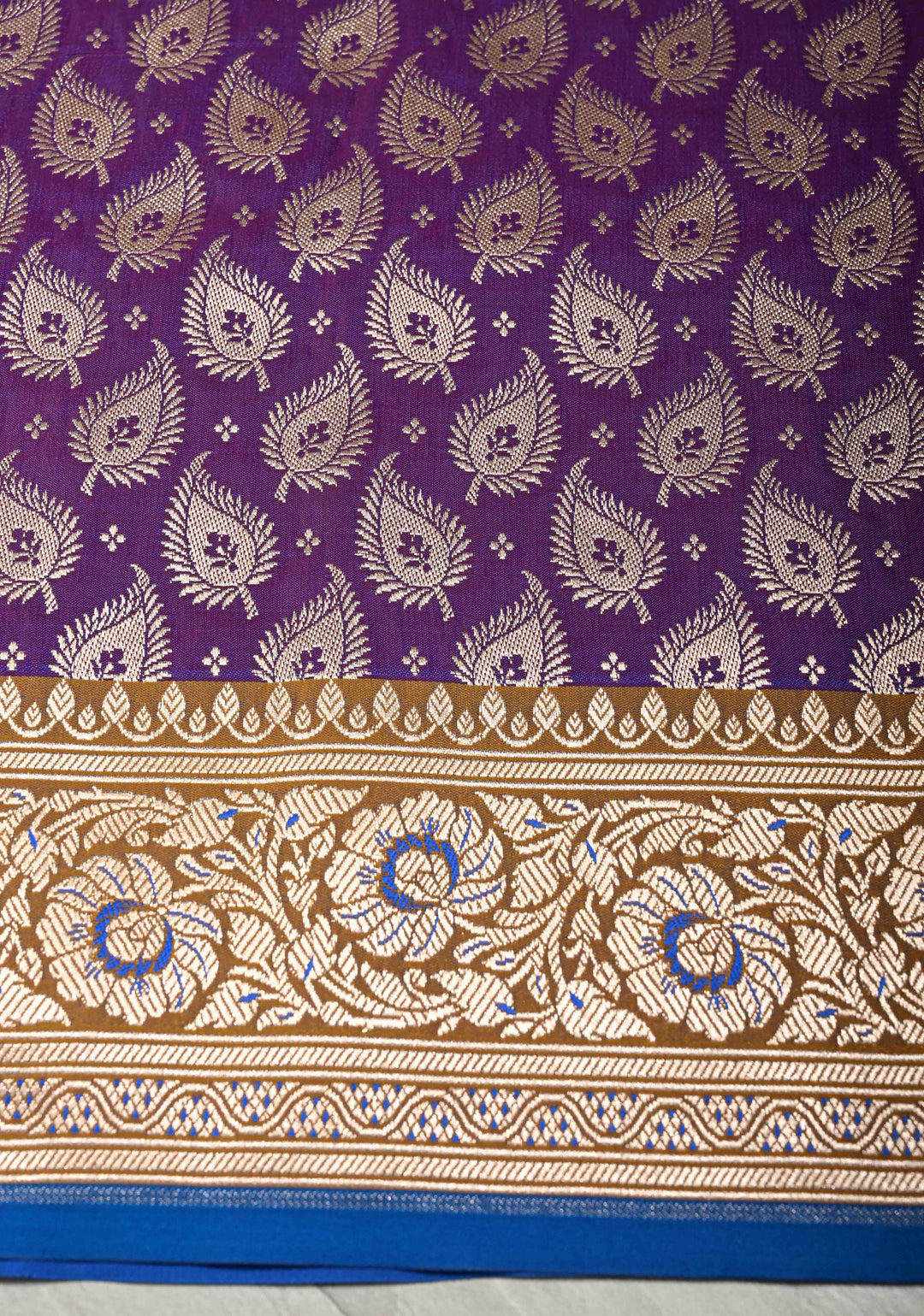 Purple Semi Mashru Silk Saree with Silver Floral Jaal and Meenakari Accents and Zari Border | SHOBITAM