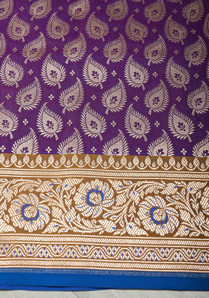 Purple Semi Mashru Silk Saree with Silver Floral Jaal and Meenakari Accents and Zari Border | SHOBITAM